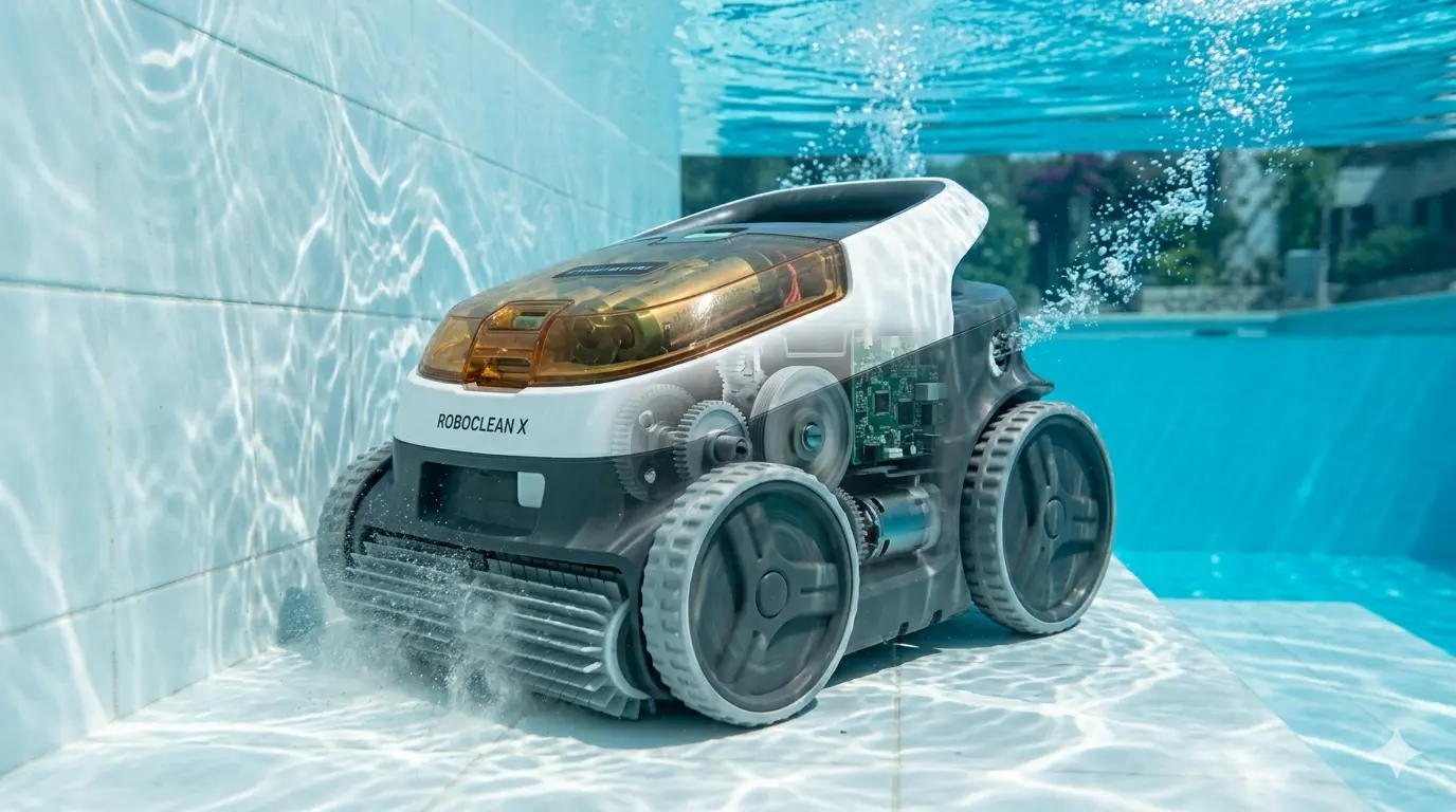 Robot piscine sans fil avec compartiment batterie visible en coupe, nettoyant le fond d'un bassin